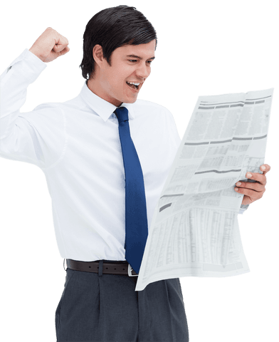 Cheerful Businessman Celebrating Success with Newspaper on Transparent Background - Download Free Stock Videos Pikwizard.com