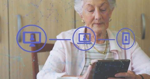 Senior Woman Using Tablet with Digital Network Icons