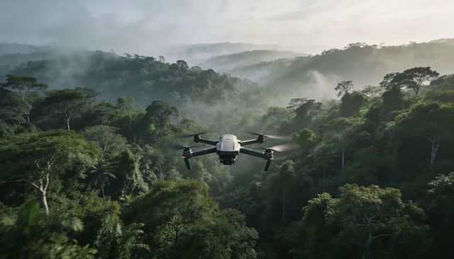 Flying quadcopter surveying misty tropical rainforest canopy at sunrise