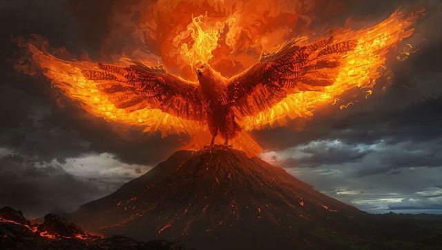 Epic Fiery Phoenix Rising from Volcano Against a Dramatic Sky