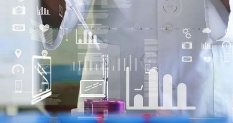 Scientist pipetting liquid into test tube with augmented reality biotech data overlay