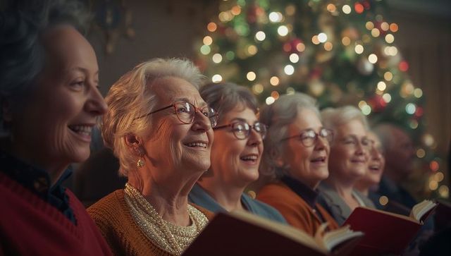 Elderly Choir Singing Joyfully in Festive Holiday Atmosphere