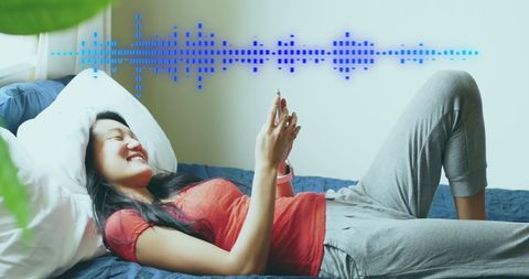 Happy Woman Relaxing with Smartphone and Data Overlay