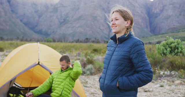 Young Campers Enjoying Outdoor Adventure by Tent and Mountains - Download Free Stock Images Pikwizard.com