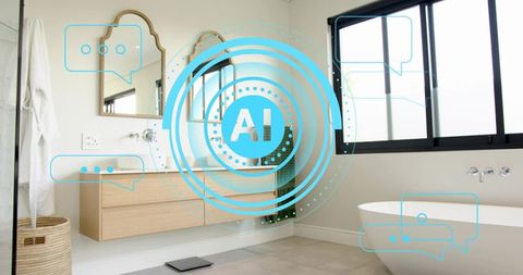 Ai bathroom assistant overlay with speech bubbles on minimalist modern bathroom interior