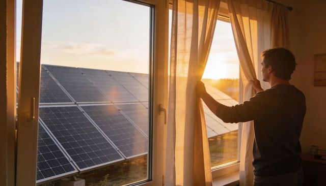 Man opening curtains to sunrise over home solar panels renewable energy morning warm glow