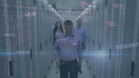 Business Team in Server Room with Data Overlay