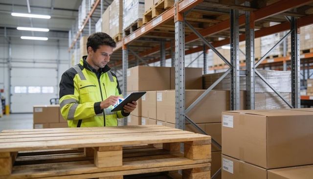 Warehouse worker using tablet checking inventory and pallets in modern logistics hub