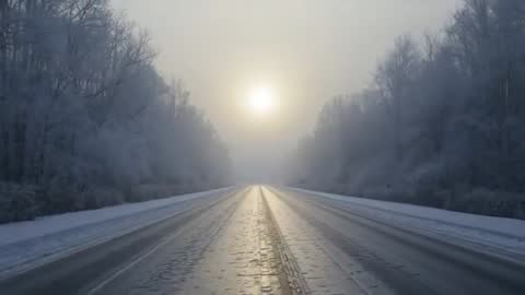 Low Sun Reflecting on Icy Two-Lane Highway Through Foggy Winter Forest Leading to Horizon