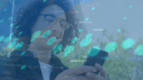 Modern Businessman Using Phone with Digital Graphics Overlay