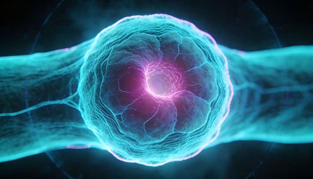 Translucent cellular junction showing vesicle bridging nanotubes with glowing magenta core