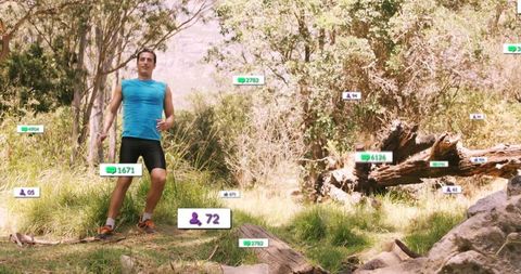 Runner using augmented reality for fitness tracking in forest trail