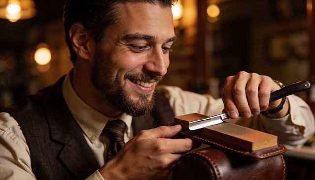 Barber sharpening straight razor on whetstone in vintage barbershop with warm ambience