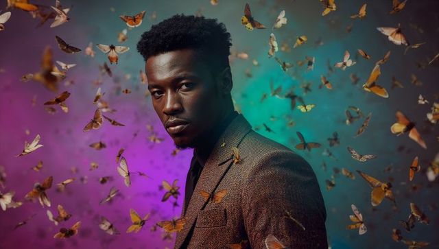 Moody cinematic portrait of elegant man posing in textured brown suit amid swarm of moths