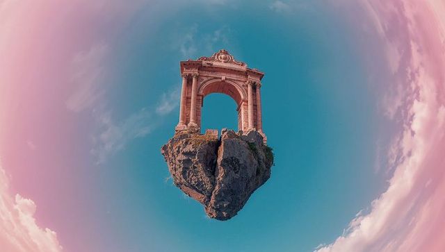 Surreal floating arch on rocky island amid clear sky
