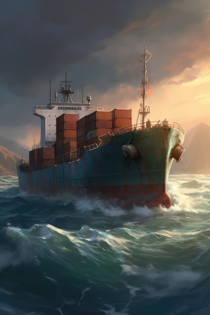 Large cargo ship carrying containers on open sea during sunset. Ideal for themes on global trade, maritime services, shipping industry, and logistics. The image conveys a sense of international commerce and the vastness of maritime transportation.