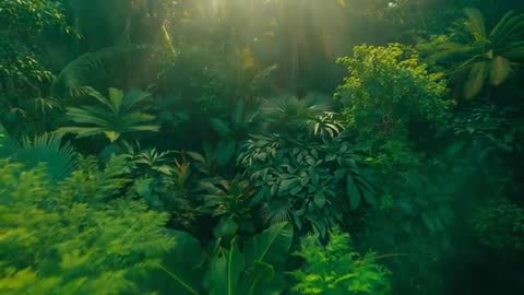 Descending through Dense Tropical Rainforest with Sunlit Canopy