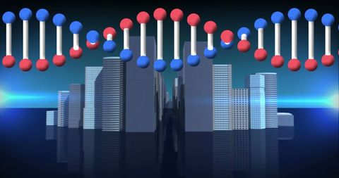 Futuristic DNA Helix Over Modern Cityscape at Twilight