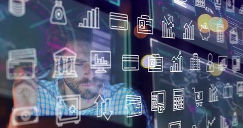 Bearded man analyzing financial dashboards with overlay analytics icons on monitors