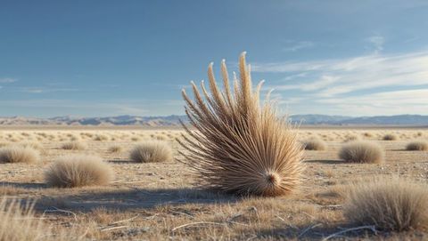 Lone tumbleweed in expansive desert landscape