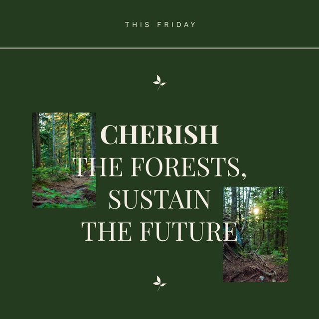 Rich green background featuring dual images of serene forests with lush trees emphasizing sustainable forestry. Highlighting conservation and nature protection message ideal for environmental campaigns, educational presentations, or promotional materials focusing on Earth Day and forest preservation initiatives.