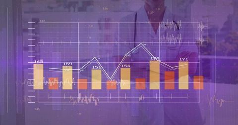 Female doctor crossing arms with overlaid medical data visualization dashboard