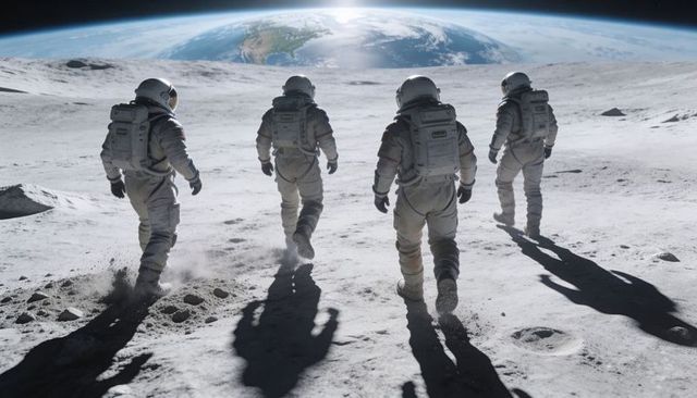 Four astronauts walking on lunar surface with Earthrise and long dramatic shadows