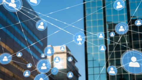 Networking Icons Overlay on Tall Buildings Highlighting Connectivity