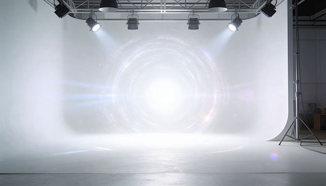 White Studio Cyclorama Illuminating Radiant Circular Light, Spotlight Truss and Lens Flare