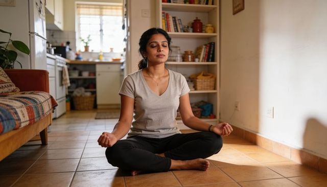 Indian woman meditating cross-legged on tiled floor in minimalist apartment for mindfulness