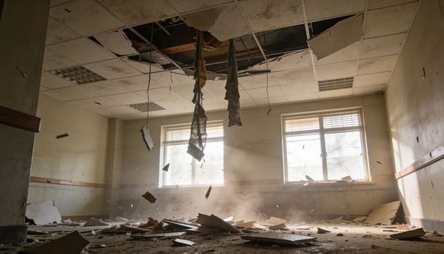 Collapsing ceiling dropping insulation and tiles in abandoned room with sunlit dust