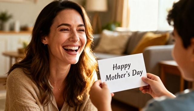 Smiling mother receiving mother's day card in sunlit cozy living room, family moment