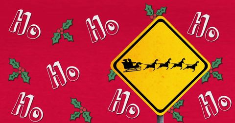 Christmas road sign with santa and sleigh on red background
