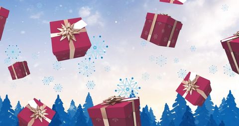 Flying Christmas Gifts with Snowflakes Over Winter Wonderland - Download Free Stock Images Pikwizard.com