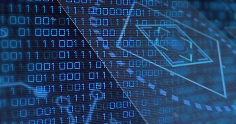 Binary Data Stream Overlaying Microchip Grid with Neon Hexagon Network Interface Visual