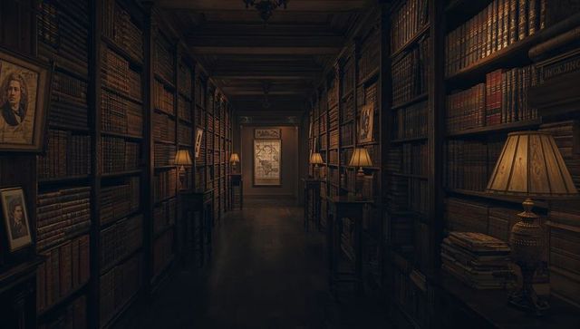 Shelf-lined library corridor drawing eye toward illuminated map and leather-bound volumes