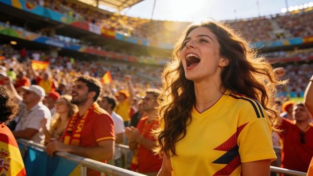 Young fan cheering in spain jersey at stadium during golden hour celebration