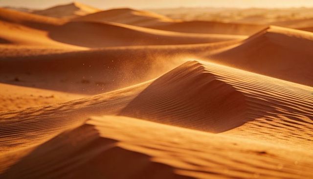 Shimmering dune crests revealing rippled sand under golden light, drifting sand particles