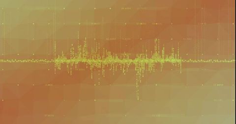 Yellow-green waveform data visualization on low-poly gradient background with dotted grid