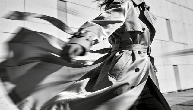 Woman walking in flowing trench coat creating dynamic motion in urban monochrome