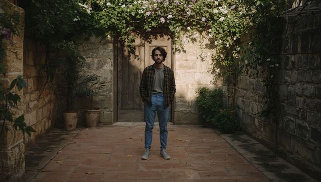 Solitary man standing in sunlit stone courtyard with wooden door and vines