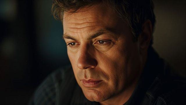 Contemplating middle-aged man wearing collared shirt, warm moody light, closeup thoughtful gaze