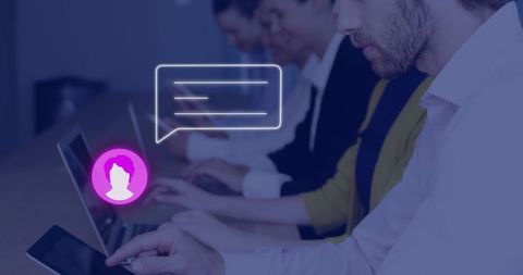 Innovative business team using tablets with digital communication icons