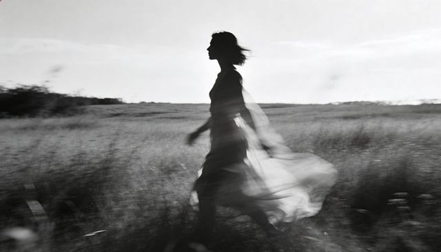 Silhouetted woman walking through windswept meadow with flowing dress, black-and-white motion blur