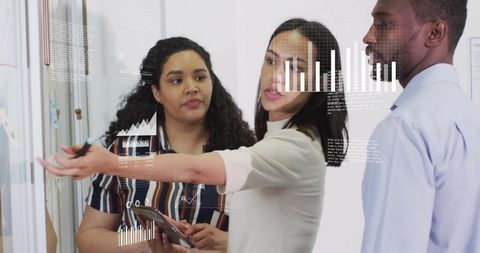 Team Analyzing Data Charts on Transparent Board in Office Meeting