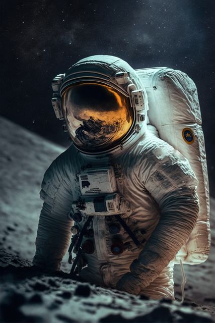 Astronaut wearing spacesuit standing on rocky moon surface with starry sky in background. Spacesuit reflecting lunar terrain. Suitable for topics related to space exploration, moon mission, astronaut adventures, and science fiction. Ideal for educational resources, articles on space themes, sci-fi book covers, and museum displays.