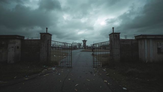 Abandoned Industrial Site with Open Iron Gates and Watchtower