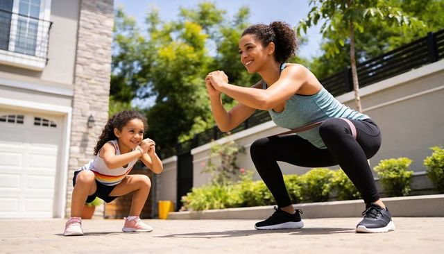 Mom and daughter squatting together using resistance band for family workout on driveway
