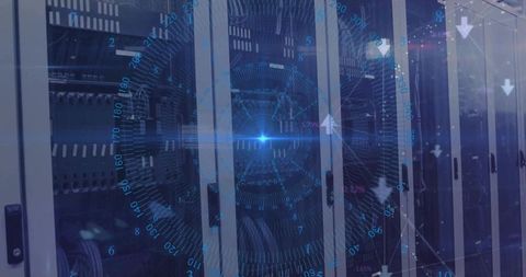 Data center server cabinets showing futuristic hud overlay, network switches and cables