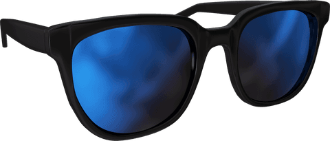 Close-up of black framed sunglasses with blue transparent lenses